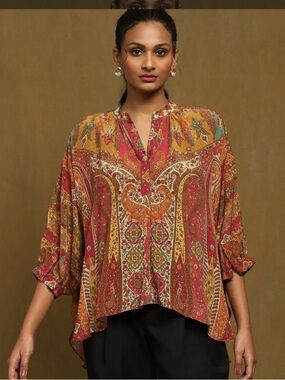 Ritu Kumar Multi Jaisalmer Kaftan Top 100% Silk, Size Small NWT